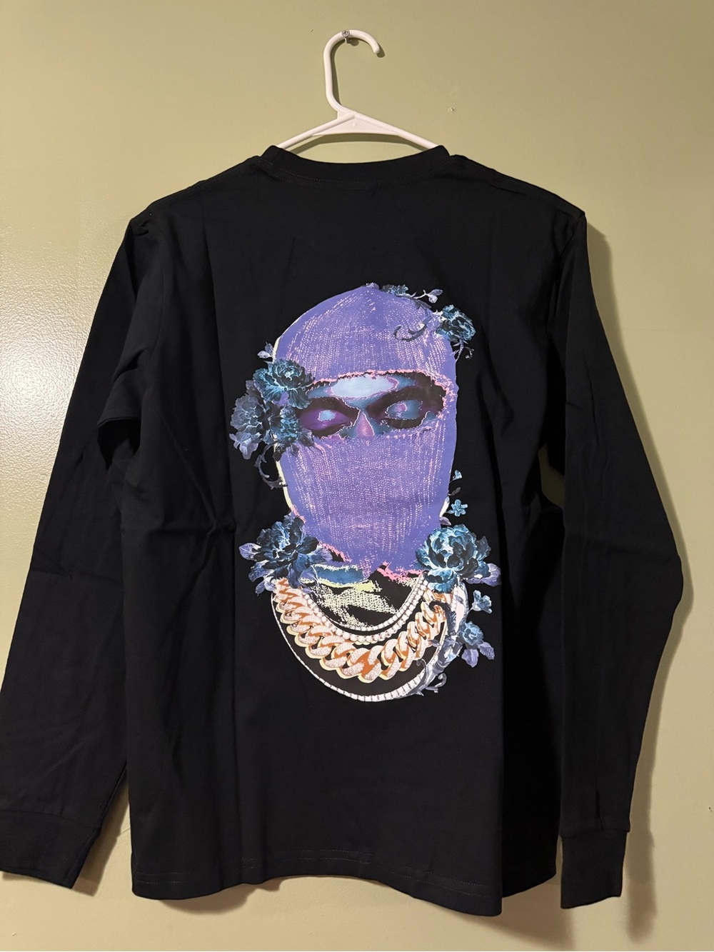 Black / White Long Sleeve Tee with Purple Balaclava Graphic